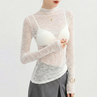 白色半高领蕾丝打底衫2026新款内搭绝美叠穿透视网纱上衣女高级感