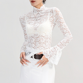 透明上衣高级感 薄款 高领网纱打底衫 女高端花边镂空蕾丝内搭喇叭袖