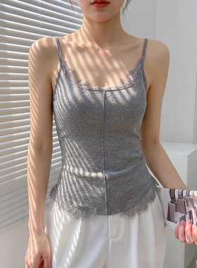 灰色v领蕾丝拼接吊带背心女夏外穿遮副乳网纱打底衫修身无袖上衣