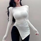 修身 女内搭可外穿遮屁股时尚 显瘦开叉不规则磨毛 打底衫 白色中长款