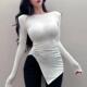 修身 女内搭可外穿遮屁股时尚 显瘦开叉不规则磨毛 打底衫 白色中长款
