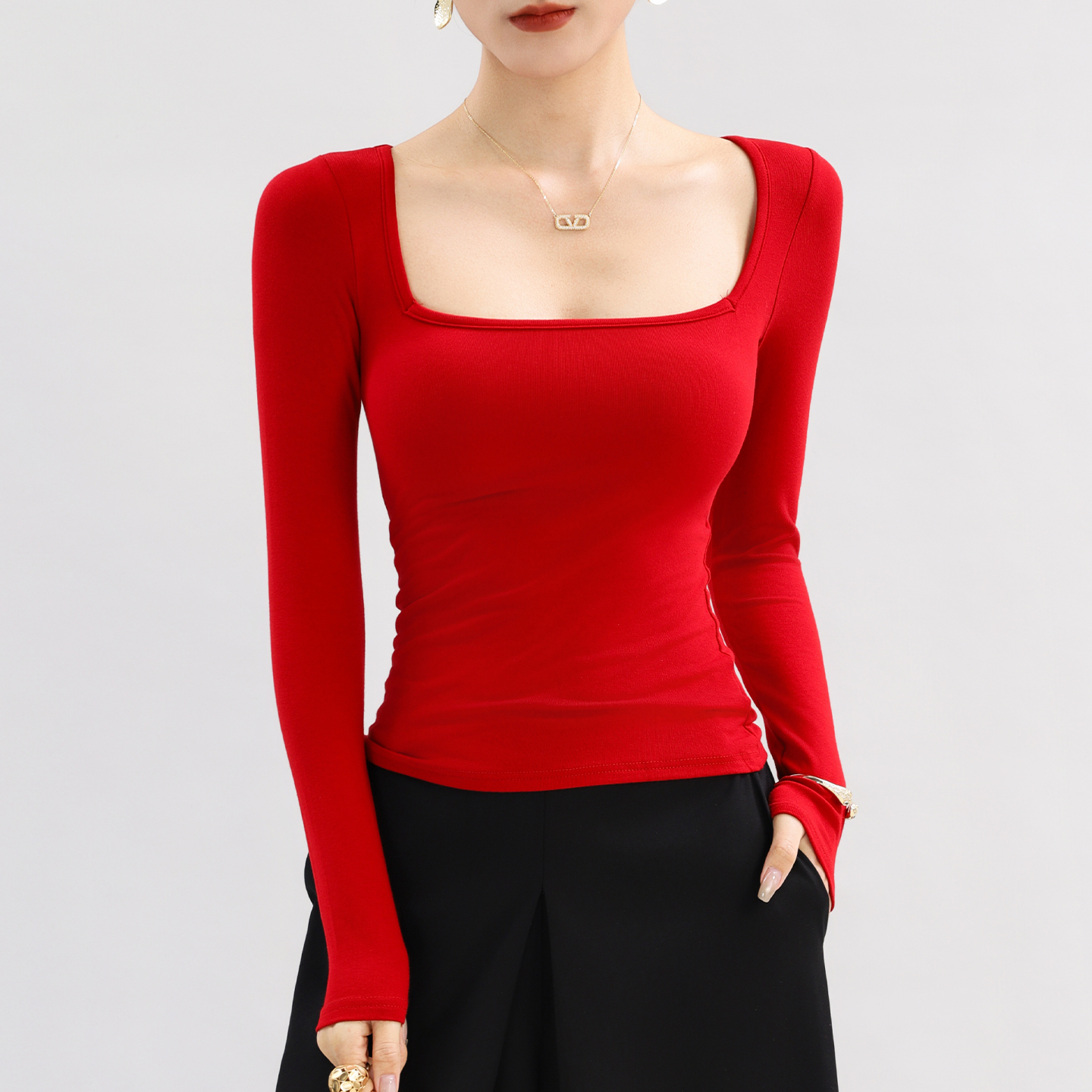 红色方领内搭打底衫女2025新款