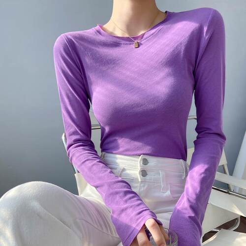 紫色圆领早春打底衫巨好看t恤女