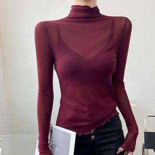 红色半高领打底衫女秋冬内搭木耳边薄款高端欧货洋气透视网纱上衣