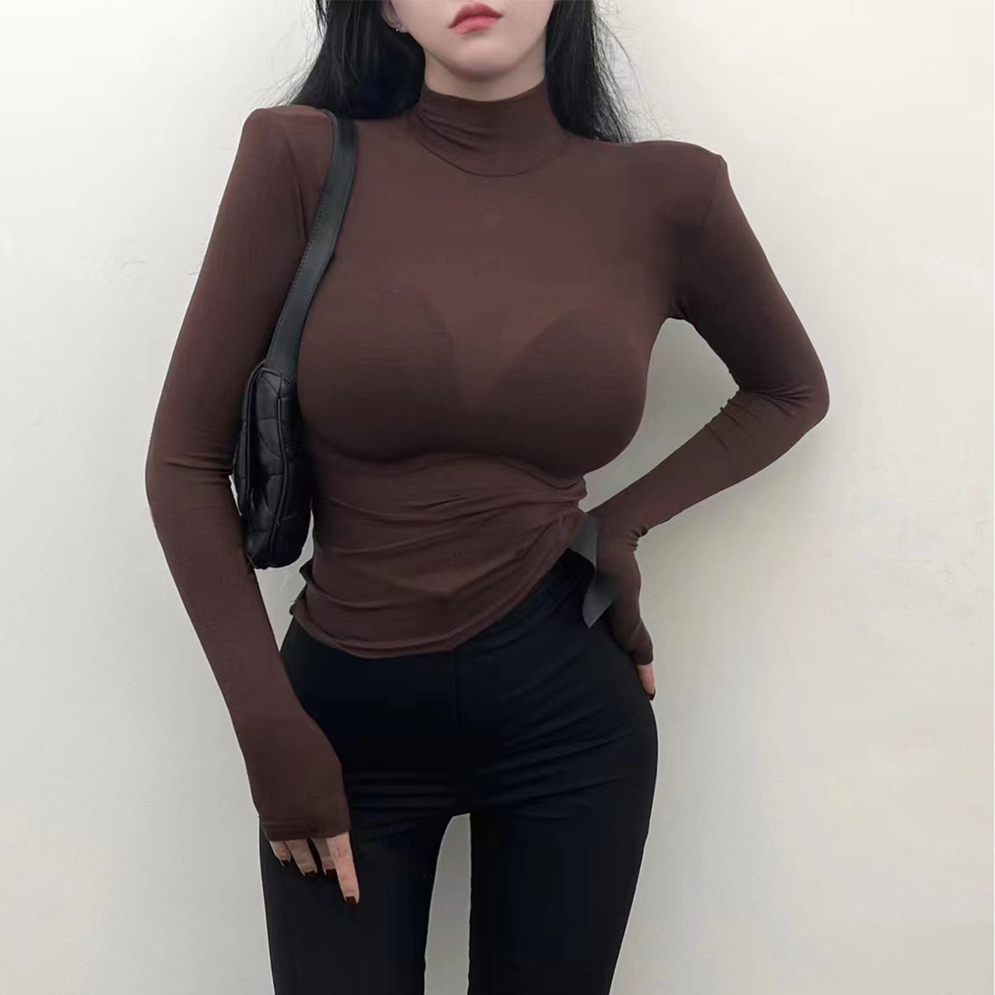 咖色高领打底衫女2025新款微透垫