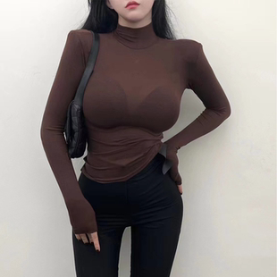 内搭紧身薄款 微透垫肩高端长袖 秋冬上衣 女2025新款 咖色高领打底衫