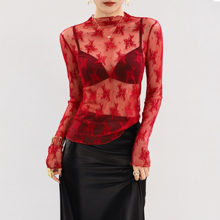 半高领蕾丝打底衫内搭叠穿可外穿透视网纱红色时尚上衣女时髦洋气