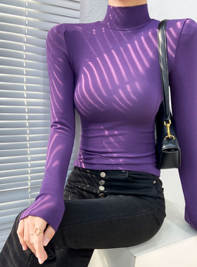 高领紫色漂亮内搭加绒打底衫女加厚磨毛紧身垫肩可外穿上衣高级感