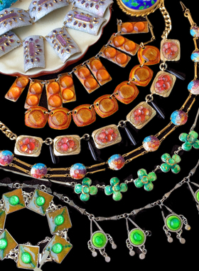 Vintage法国利摩日琉璃项链/手链/耳夹/胸针/古董首饰