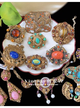 vintage中古West Germany西德琉璃胸针琉璃项链法国琉璃老胸针