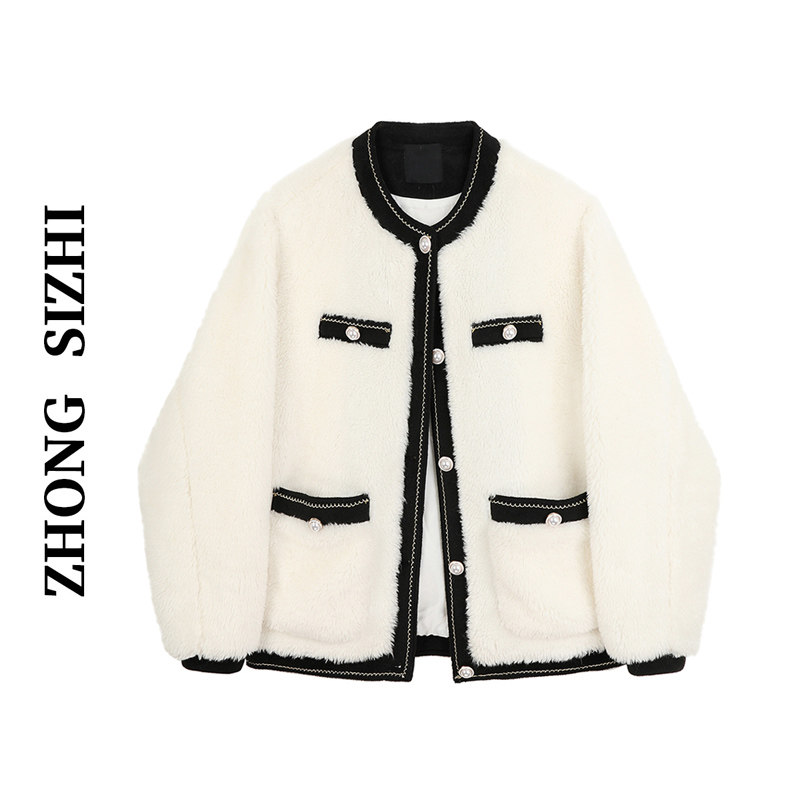 柊司芷仿羊羔毛短外套女2021年秋冬季新款加绒加厚夹克外套小香风