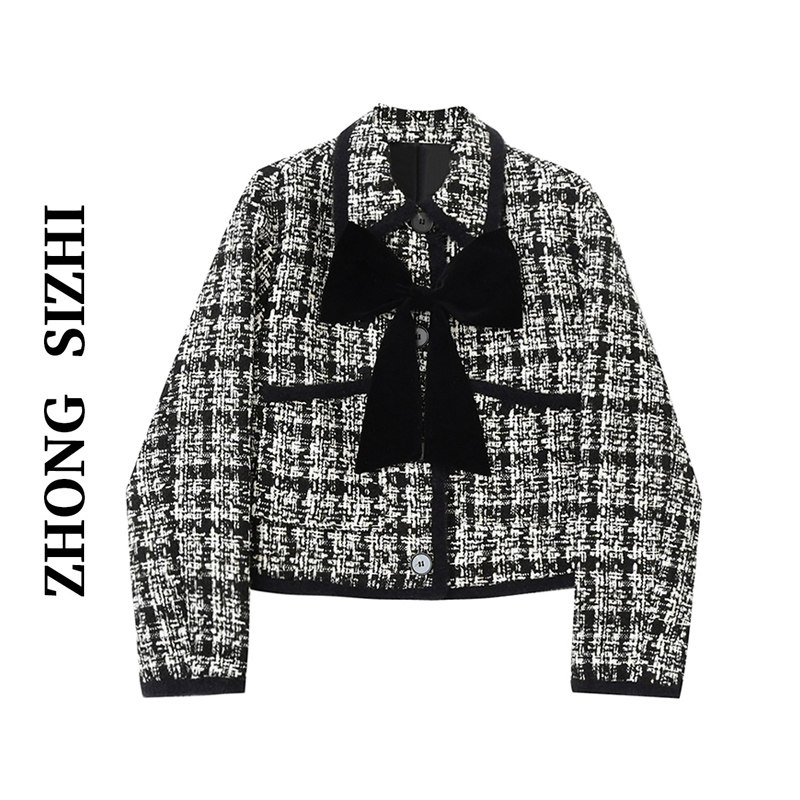 柊司芷粗花呢短款外套女春秋2022年新款小香复古风蝴蝶结夹克上衣