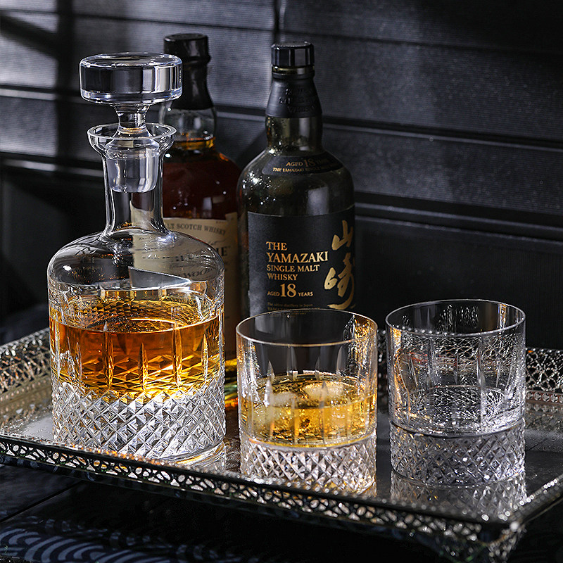 波兰进口Krosno水晶玻璃洋酒樽3件套装手工刻花威士忌杯家用酒杯