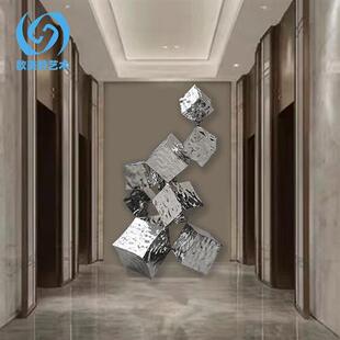 方块水波纹摆件酒店会所配饰现代家居摆件室内不锈钢现代艺术品