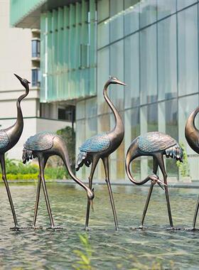 户外仿铜仙鹤雕塑玻璃钢售楼部园林水池庭院造景草坪景观装饰摆件