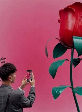 玻璃钢巨型仿真玫瑰花雕塑网红打卡墙面装饰商场不锈钢花朵摆件品