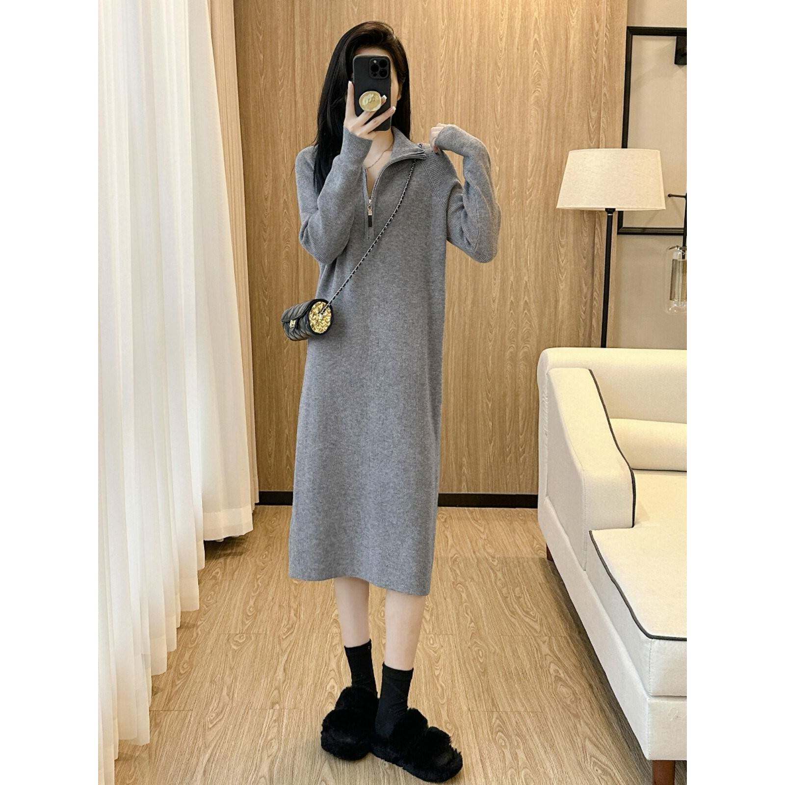 秋冬季中长款打底半拉炼高领毛衣连衣裙女厚实保暖直筒内搭针织裙