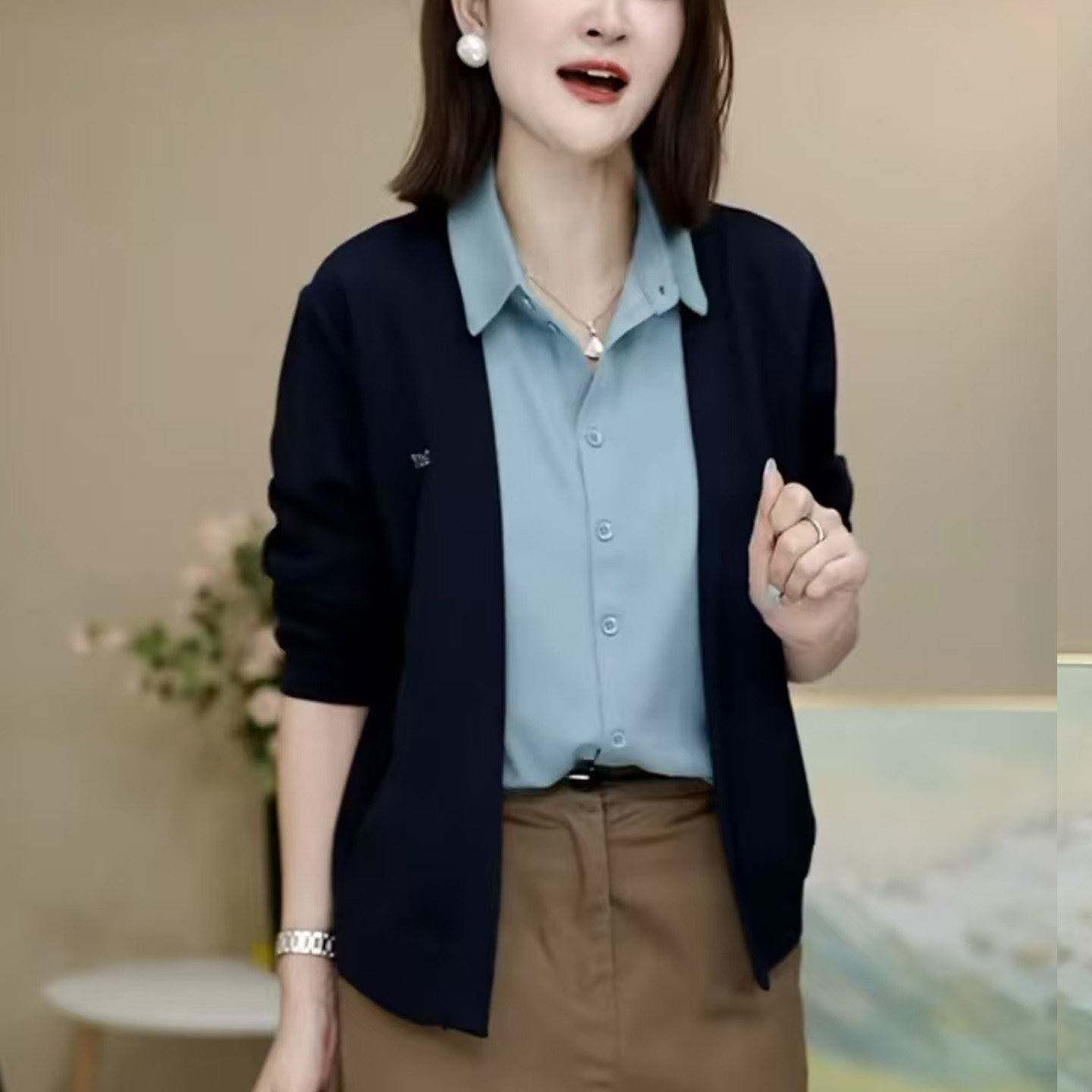 时尚女士假两件纯棉开衫外套秋季翻领设计感长袖女装上衣减龄衬衫