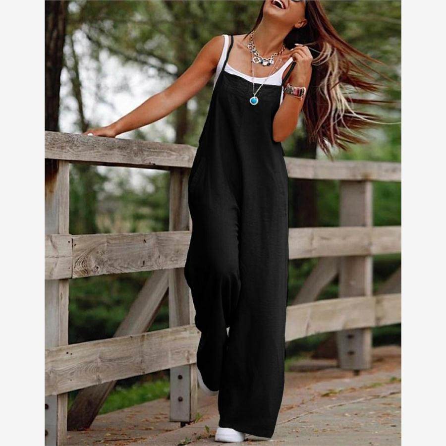 Women casual suspenderJumpsuit欧美女深绿色休闲吊带阔腿连体裤