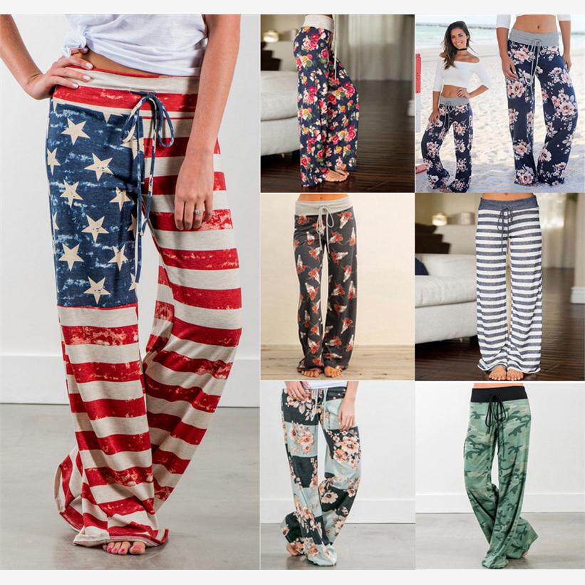 women casual big size ladies Bind printed loose pants系带裤