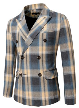 外贸欧码eBay2022秋冬新款西服男士休闲双排扣格纹枪驳领西服外套