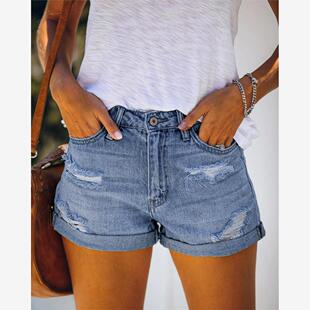 Women Fashion Ripped High Waisted Rolled Denim Shorts Vintag