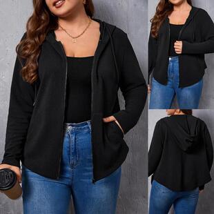 Autumn black hooded jacket Casual women's coat L-5XL大码外套