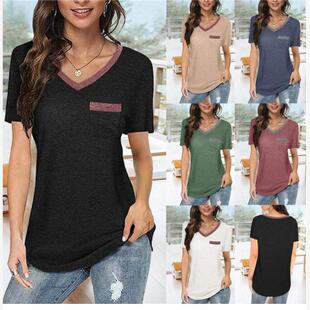 欧美风女装2021速卖通新品拼色V领口袋休闲短袖宽松T恤衫女潮