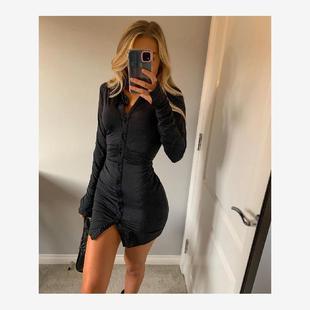 Mini Ruched Stretch Black Casual Dress Women Party Shirt