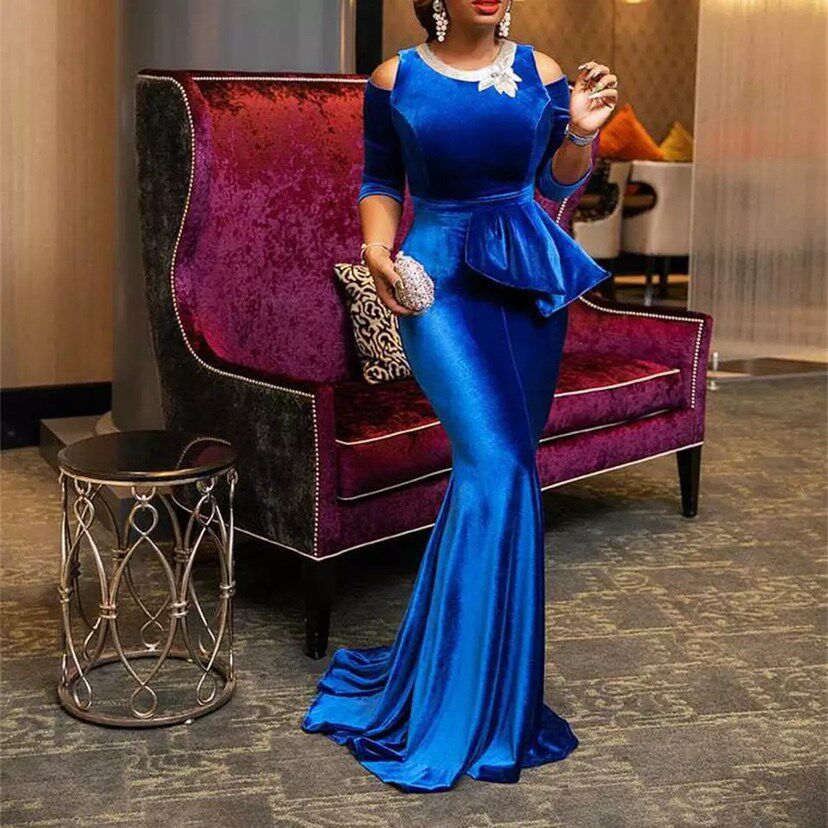 Blue Velvet Mermaid Dinner Evening Formal Maxi Party Dress