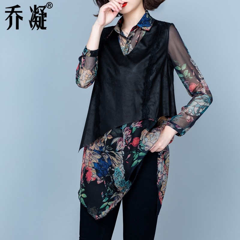 衬衫女2022春装新款复古印花雪纺假两件套遮肚显瘦不规则中长上衣