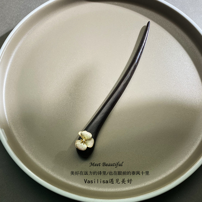 有12至18厘米可选短款黑檀木簪子花朵马尾簪便携盘发短发簪