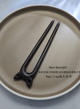 天然檀木发簪古风女高级新中式木簪盘发秋冬发钗新款簪子头饰猫咪