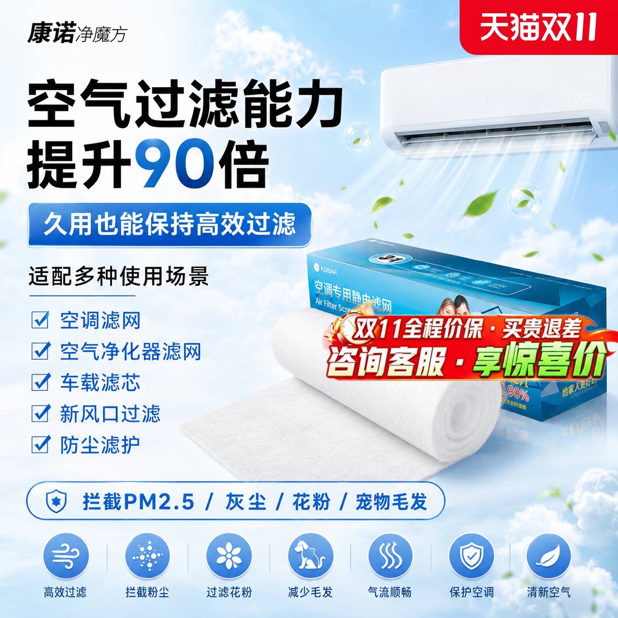 空调滤网过滤棉防尘纸静电中央进出风口冷气3m*0.3m净化器过滤膜
