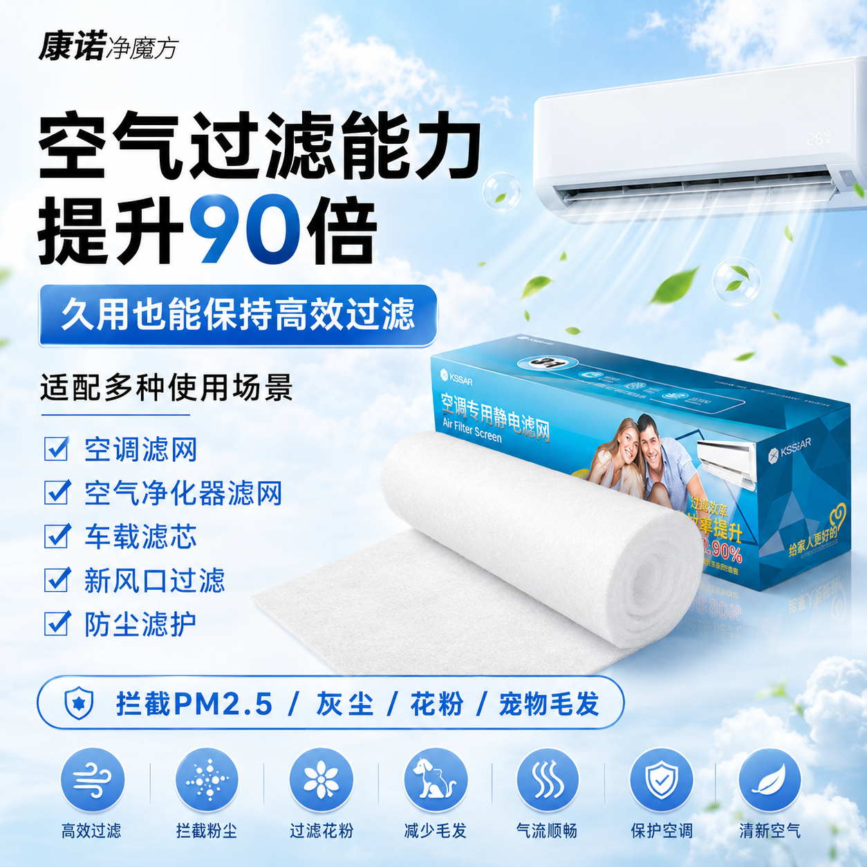 空调滤网过滤棉防尘纸静电中央进出风口冷气3m*0.3m净化器过滤膜