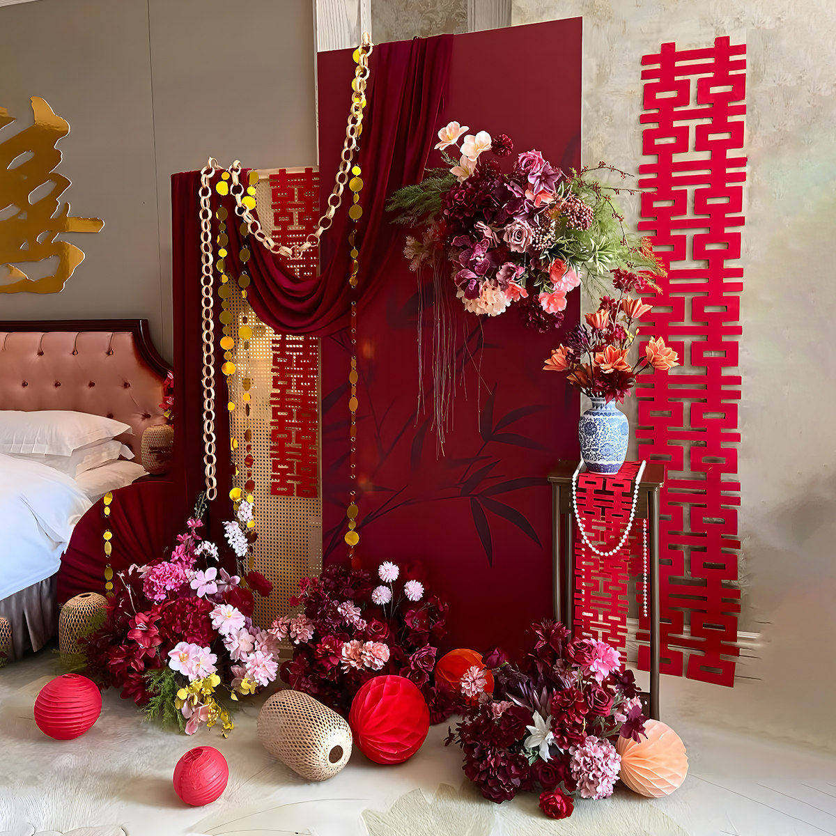 婚房布置装饰订婚布幔家里新娘晨袍拍照背景道具新中式迎宾牌kt板,节庆用品/礼品,装扮布置套餐,淘宝优惠券,粉丝福利购,淘宝优惠卷