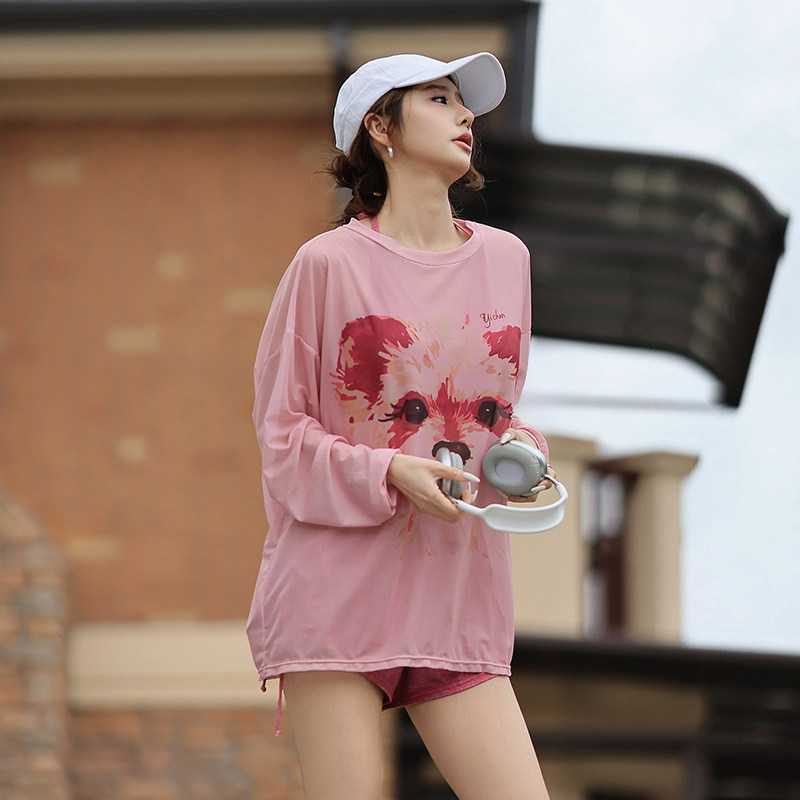 新款粉色泳衣女分体三件套长袖防晒罩衫卡通童趣风微胖显瘦遮肚子