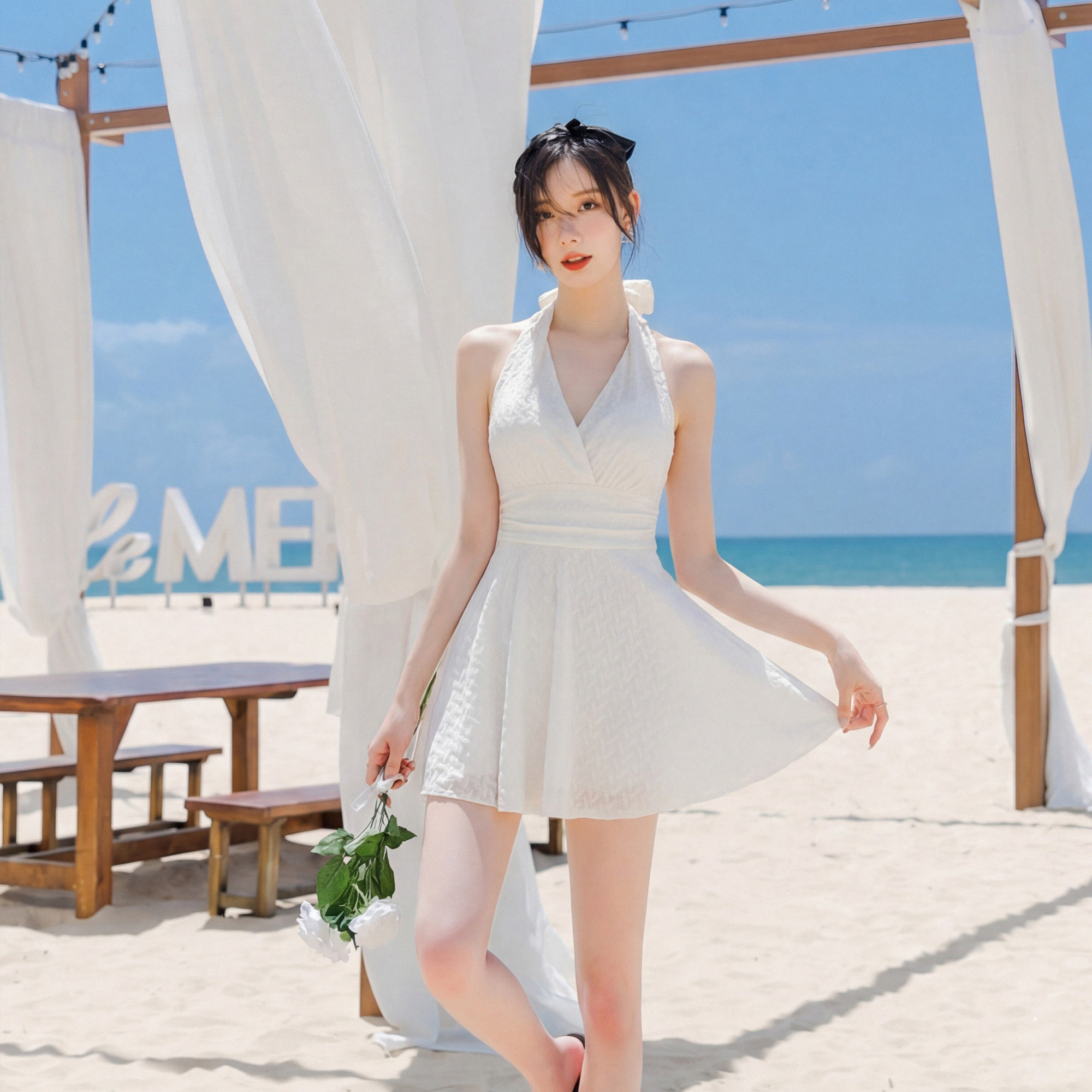 白色泳衣女高级感泡温泉度假泳装