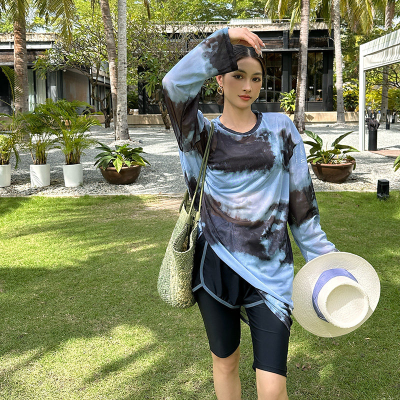 新款微胖大码泳衣女胖mm五分裤宽松显瘦遮肚子三件套罩衫长袖温泉