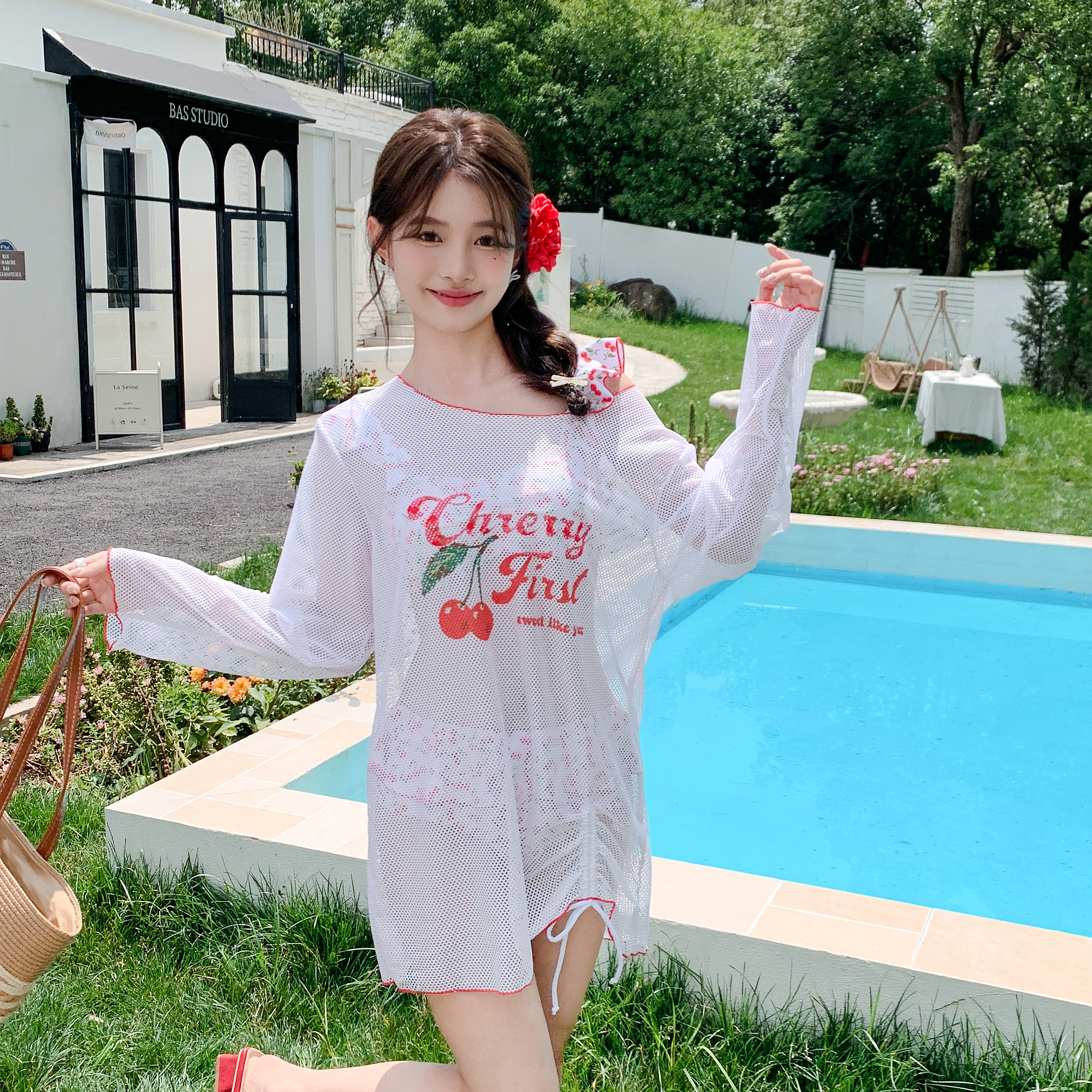 新款韩版甜美分体三件套泳衣女罩衫长袖斜肩抽绳显瘦遮肚泡温泉