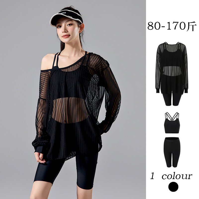 黑色微胖大码泳衣女五分裤分体三件套罩衫微透长袖遮肉显瘦泡温泉