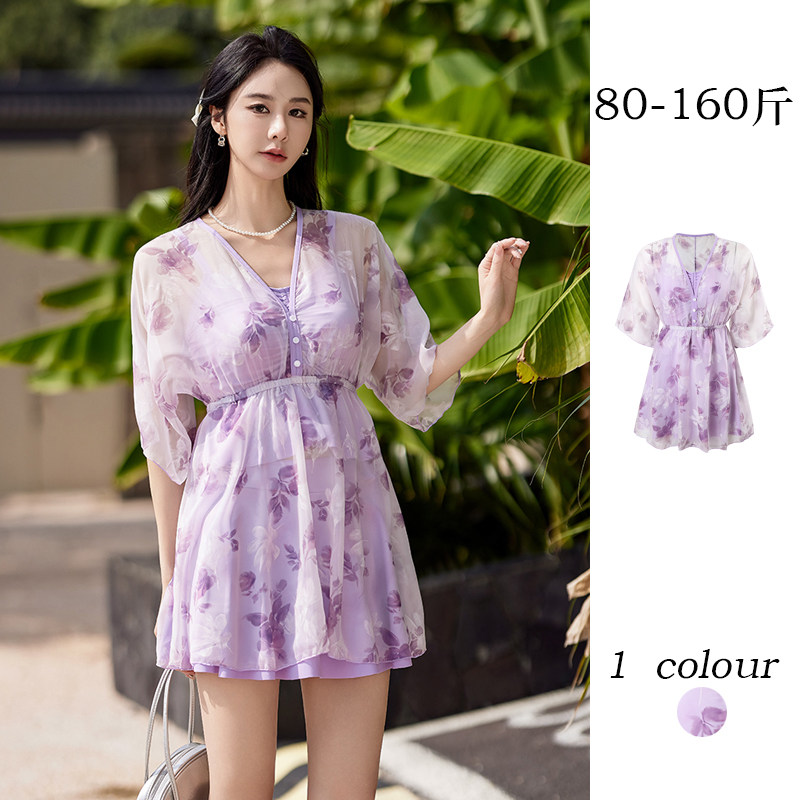 2025新款紫色泳衣女泡温泉分体三件套罩衫收腰遮肉显瘦遮肚子甜美