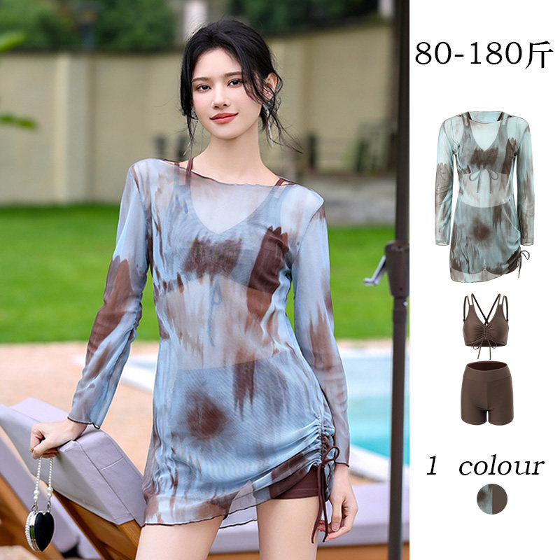 2025新款爆款微胖大码泳衣女遮肉显瘦分体三件套罩衫扎染抽绳温泉