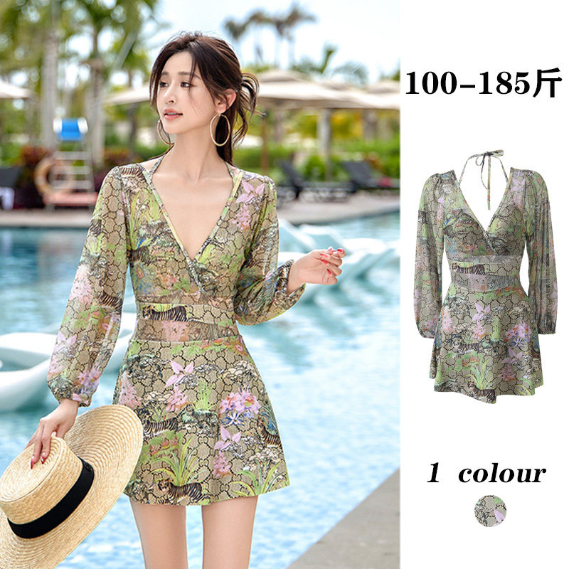 新款微胖大码泳衣女连体裙式长袖防晒钢圈聚拢大胸收腰深V领遮肚