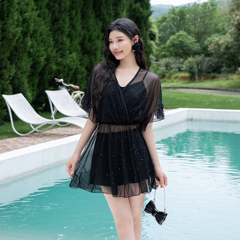 新款黑色透明罩衫泳衣女分体三件套显瘦遮肚保守洋气绝美泡温泉