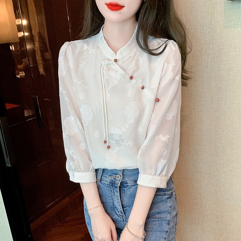 短袖衬衫女夏款雪纺上衣新款2024设计感宽松薄款立领中式旗袍衬衣