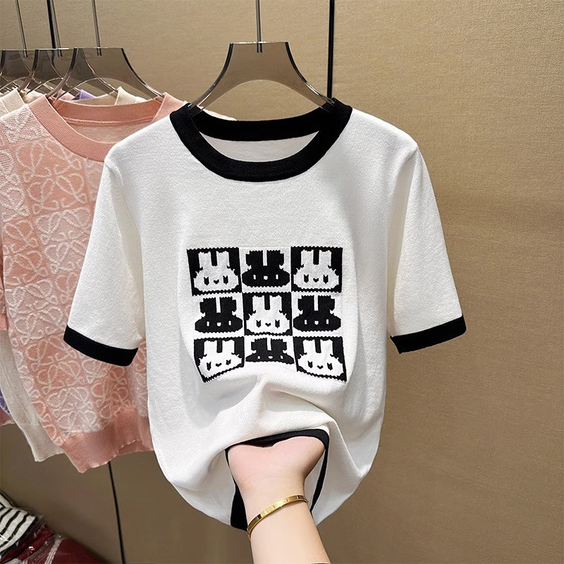 印花短袖T恤女新款2025夏季薄款宽松短款冰丝圆领针织衫体恤上衣