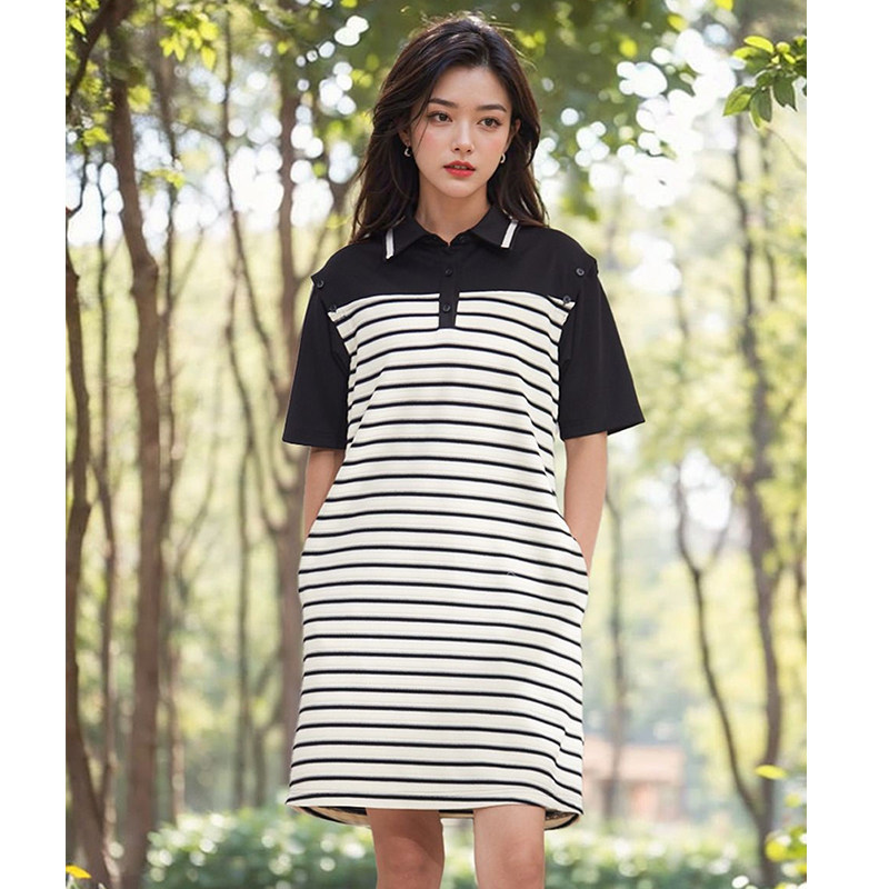 连衣裙女2024年夏季设计感气质显瘦精致宽松别致条纹短袖t恤裙子
