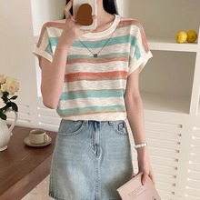 冰丝短袖女t恤2025新款夏季薄款短款宽松半袖条纹针织竹节棉上衣