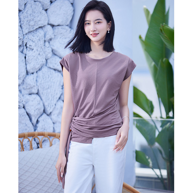 天丝短袖t恤女夏季2025新款宽松别致洋气半袖圆领不对称系带上衣